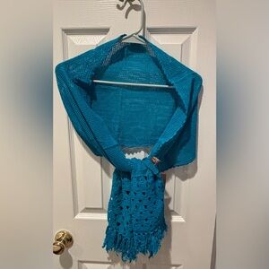 Raj Teal Blue Cotton Crochet Fringe Scarf Wrap Shawl NWT One Size